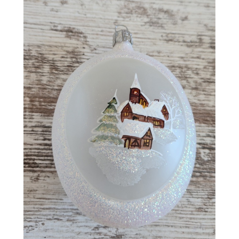 Hand Painted Glass Christmas Ornament Oval Snowy Village Merry Christmas White